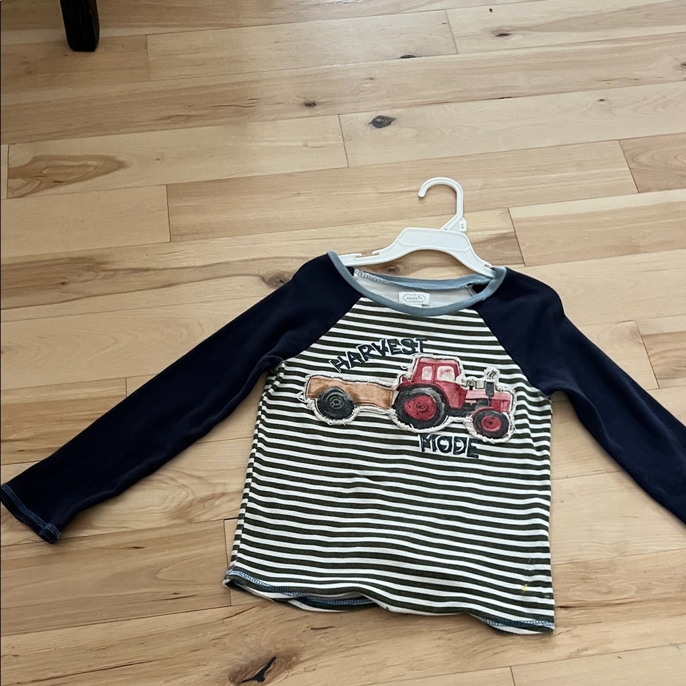 Mud Pie Navy and Gray Striped Tractor Shirt